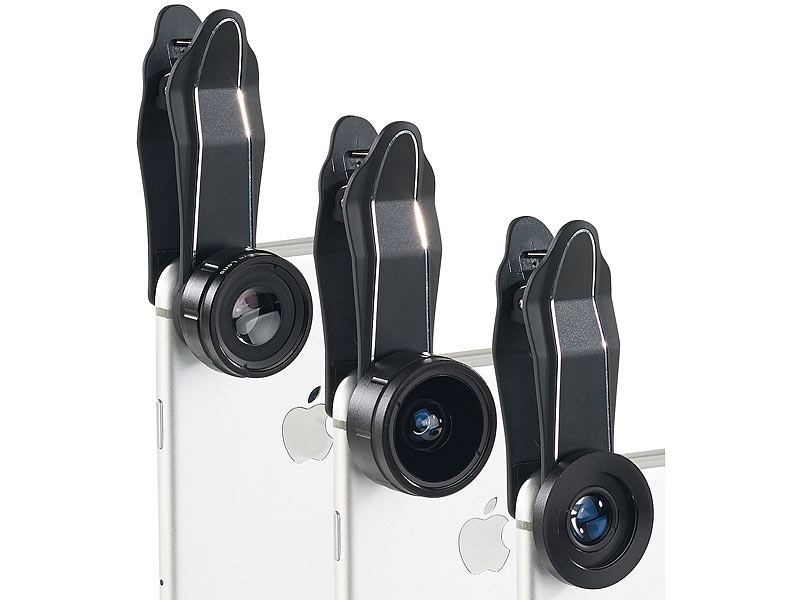 ; Smartphone-Vorsatz-Linsen-Sets mit Weitwinkeln, Makros, Fischaugen & LED-Ringen 